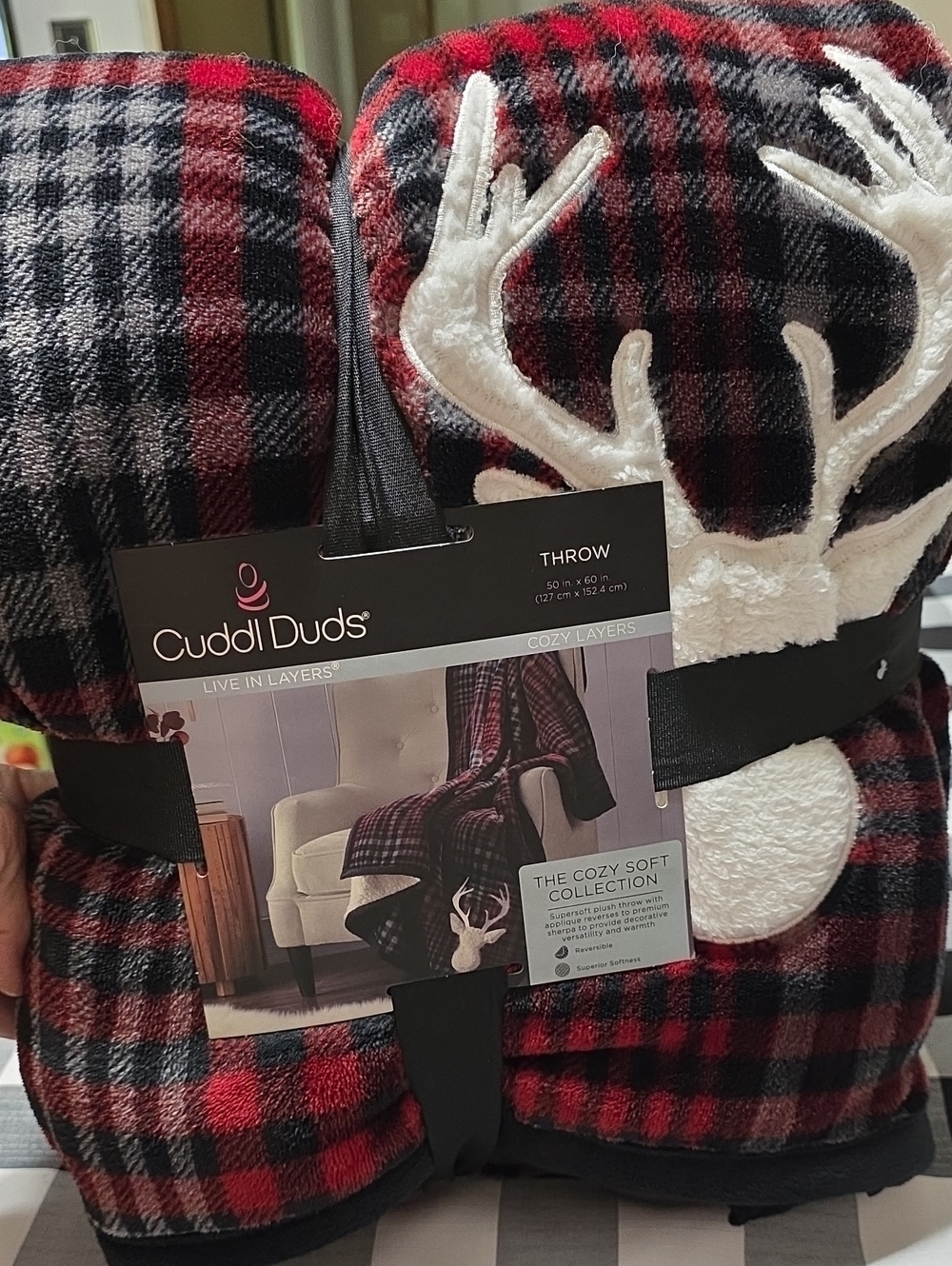 Cuddl Duds Red & Black Plaid Reindeer Throw Blanket